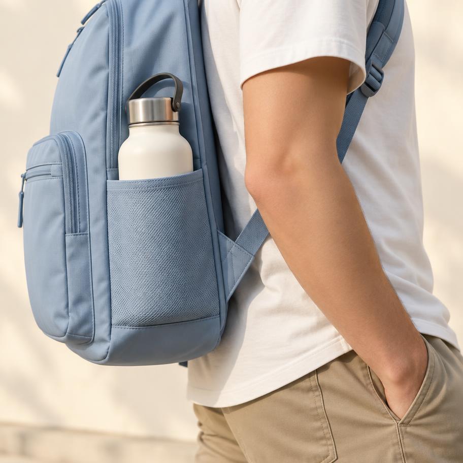 Close shot of the side pocket holding a water bottle