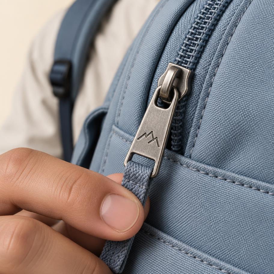 Close shot of the zipper pull and stitching
